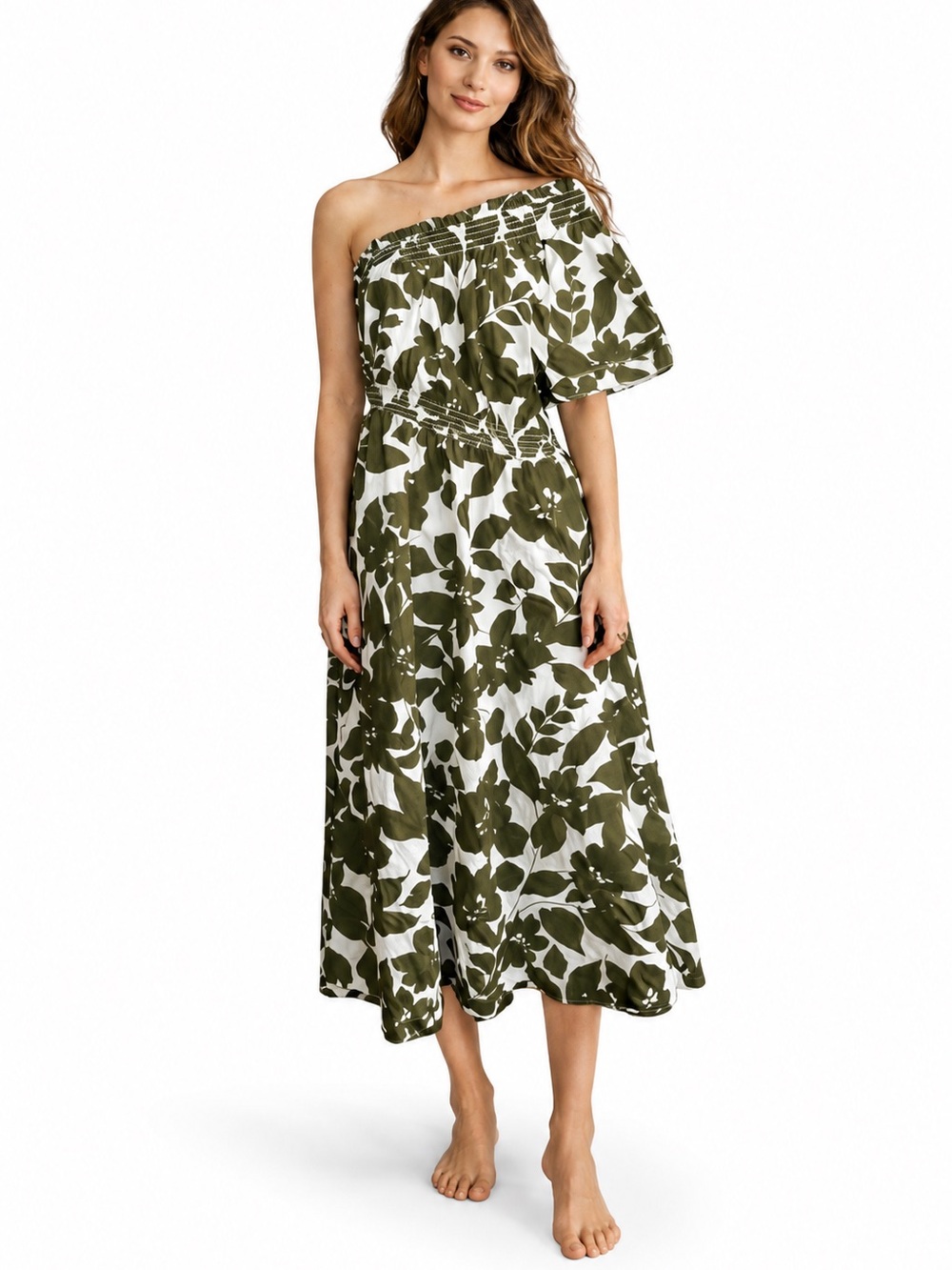 J Crew Smocked Cotton Poplin One Shoulder Maxi Dress Women M Green Floral NWT
